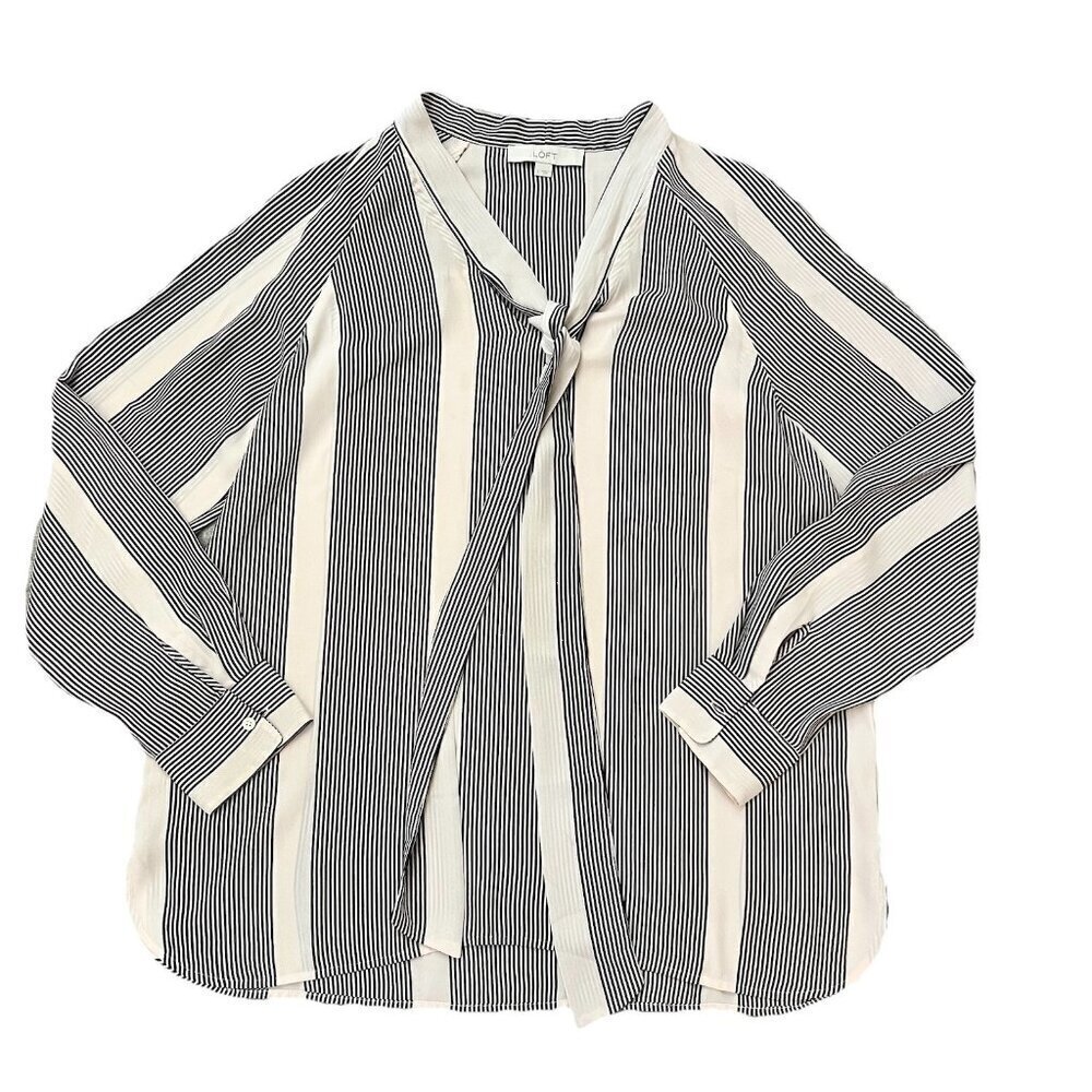 LOFT Women's Tie Neck Blouse Long Sleeve Cream Black Stripes Size Large Career
